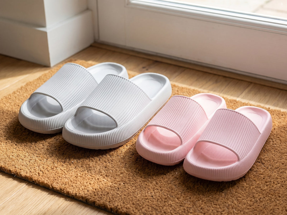 A larger light grey pair and a smaller pink pair of Again Recovery Slides on a doormat