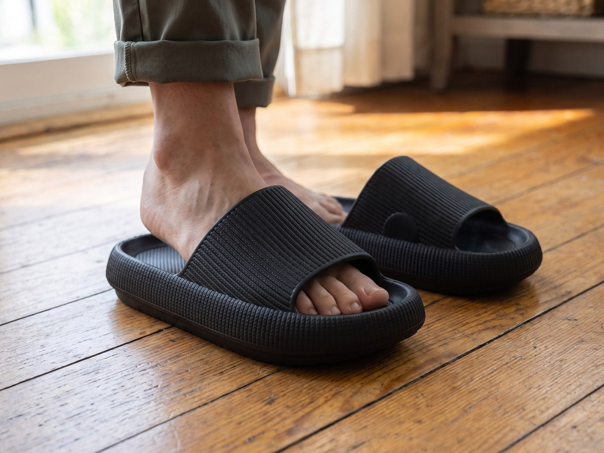 A bare foot stepping into black Again Recovery Slides on a wooden floor at home
