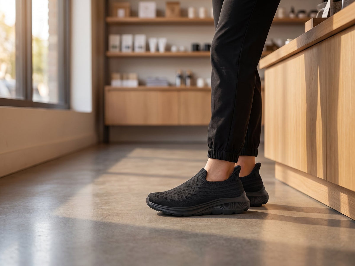 Again Slip-On: worn standing at a shop counter