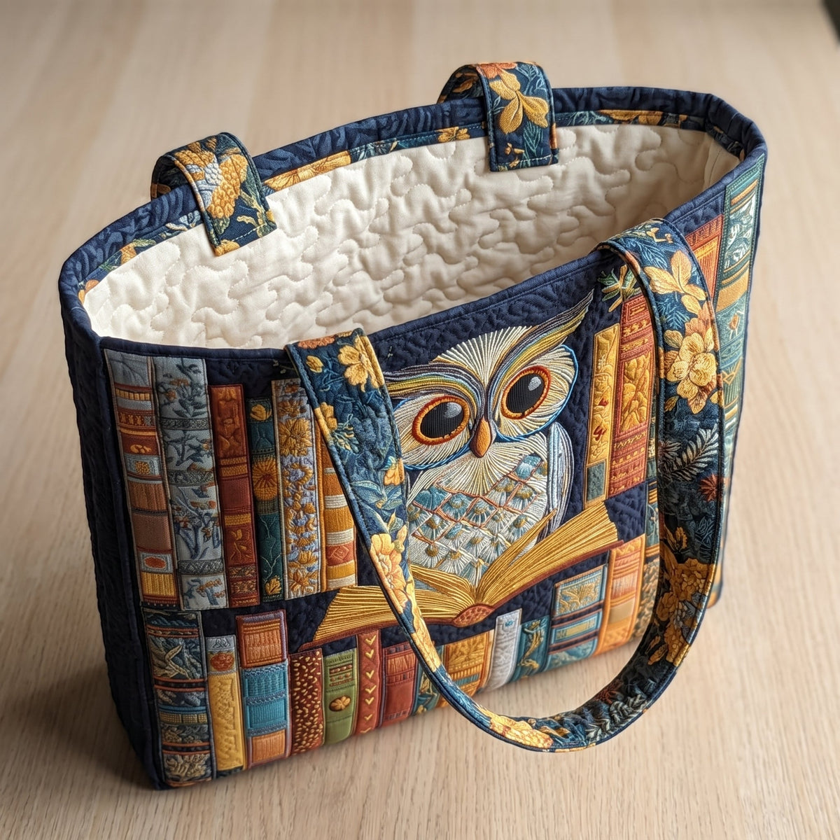 Artisan Tote - Owl and Vintage Books — open, showing the plain cream quilted lining
