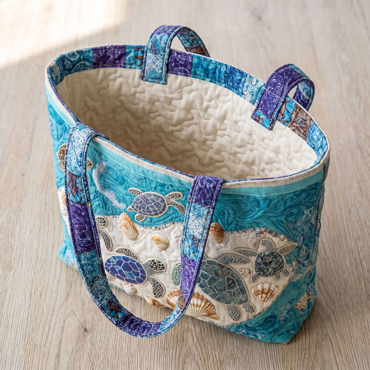 Artisanal Bag - Turtle Love — open, showing the plain cream quilted lining