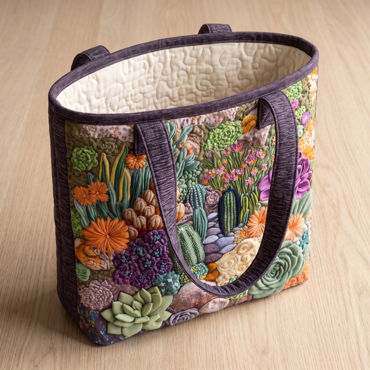 Artisanal Tote Bag - Succulent Garden — open, showing the plain cream quilted lining