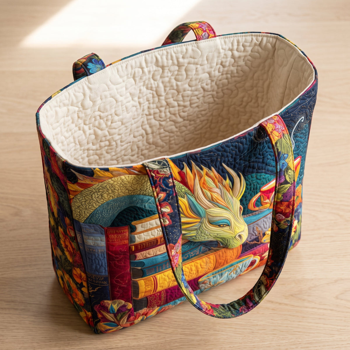 Artisan Bag - Dragon Reader with Books and Mugs — open, showing the plain cream quilted lining