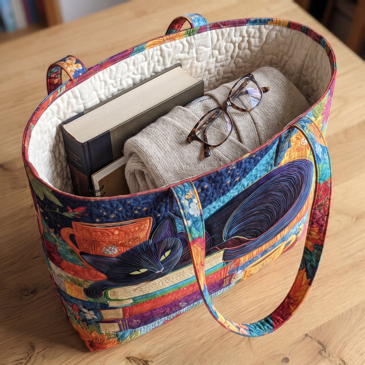 Artisan Bag - Black Cat with Books and Mugs — packed with a hardback book, a folded cardigan and reading glasses