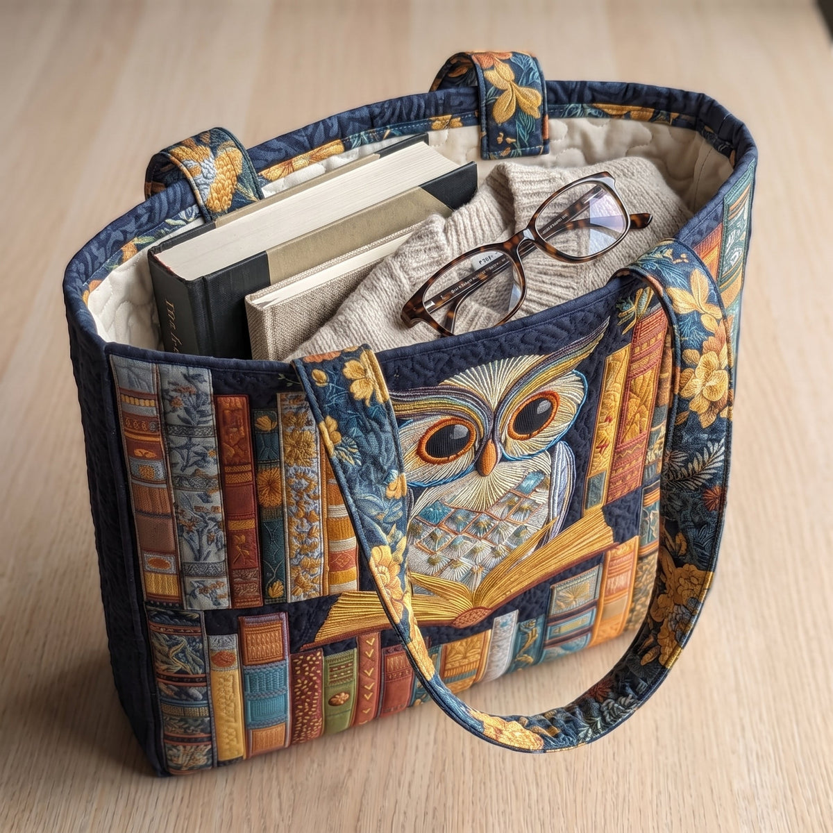 Artisan Tote - Owl and Vintage Books — packed with a hardback book, a folded cardigan and reading glasses