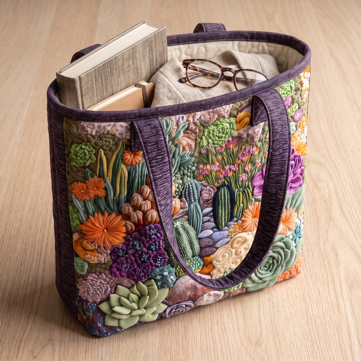 Artisanal Tote Bag - Succulent Garden — packed with a hardback book, a folded cardigan and reading glasses