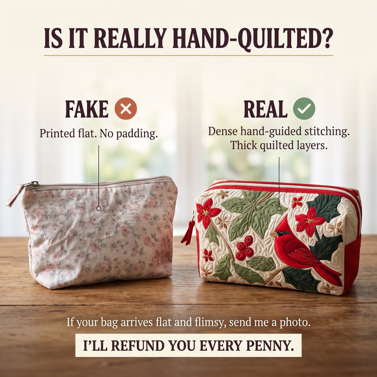 Holly Cardinal Quilted Makeup Bag — hand-quilted authenticity check