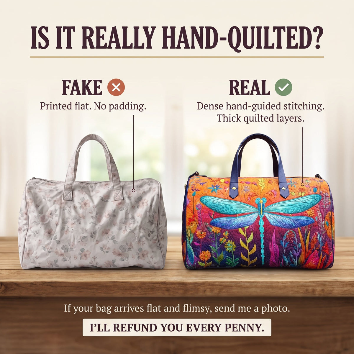 Flit and Fly Quilted Duffle Bag — hand-quilted authenticity check