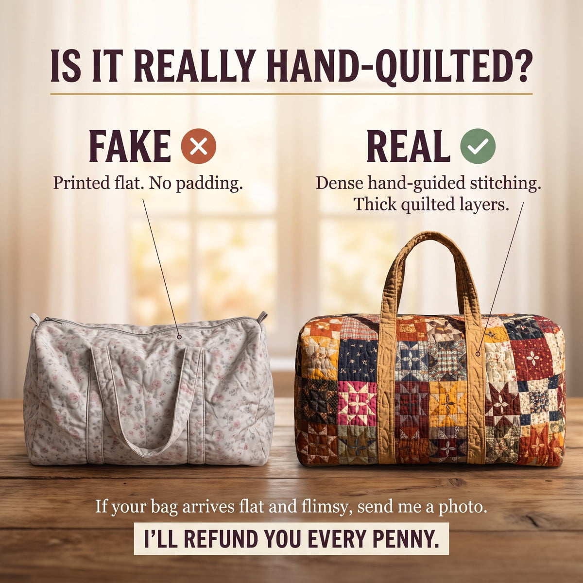 Whispering Garden Quilted Duffle Bag — hand-quilted authenticity check