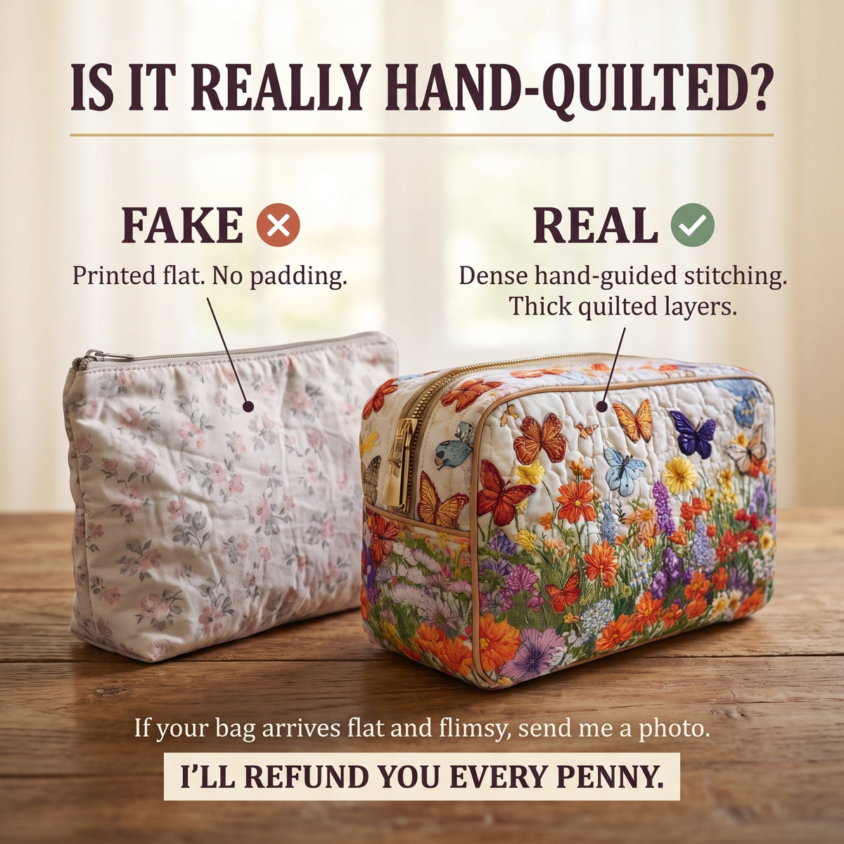 Bloom Garden Quilted Makeup Bag — hand-quilted authenticity check