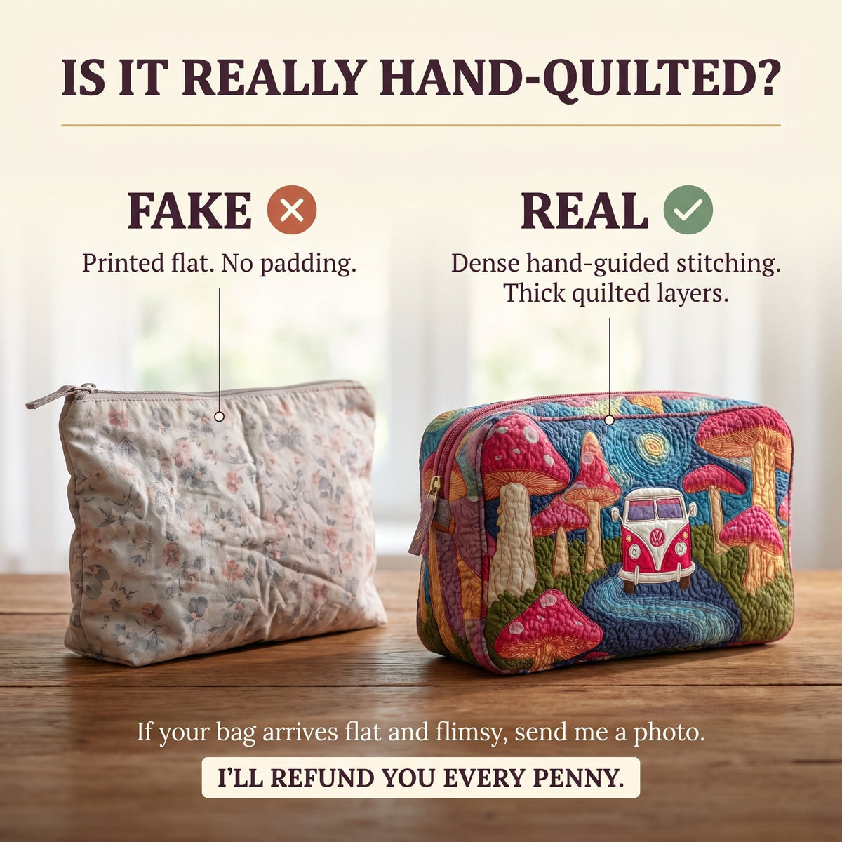 Cosmic Hippie Dream Quilted Makeup Bag — hand-quilted authenticity check
