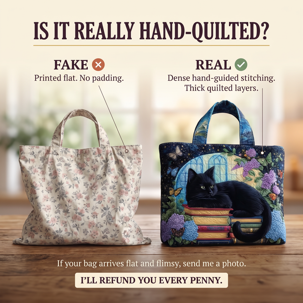 Artisanal Bag - Black Cat on Books — hand-quilted authenticity check