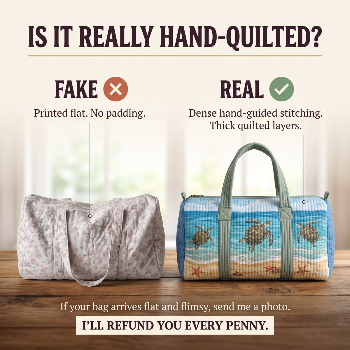 Turtly Cute Quilted Duffle Bag — hand-quilted authenticity check
