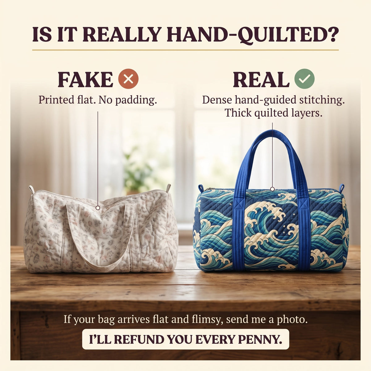 Rising Wave Quilted Duffle Bag — hand-quilted authenticity check