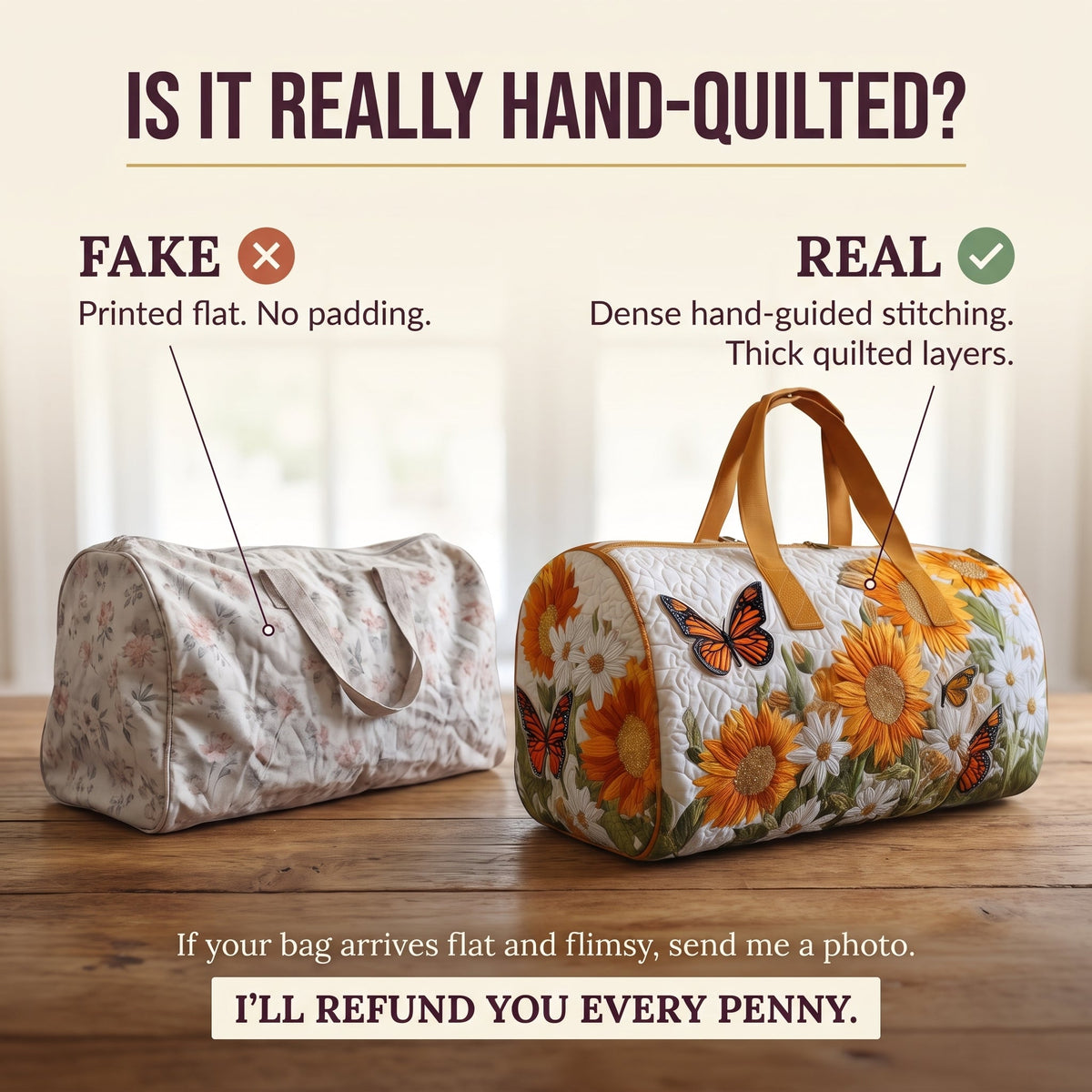 Bright Fields Quilted Duffle Bag — hand-quilted authenticity check