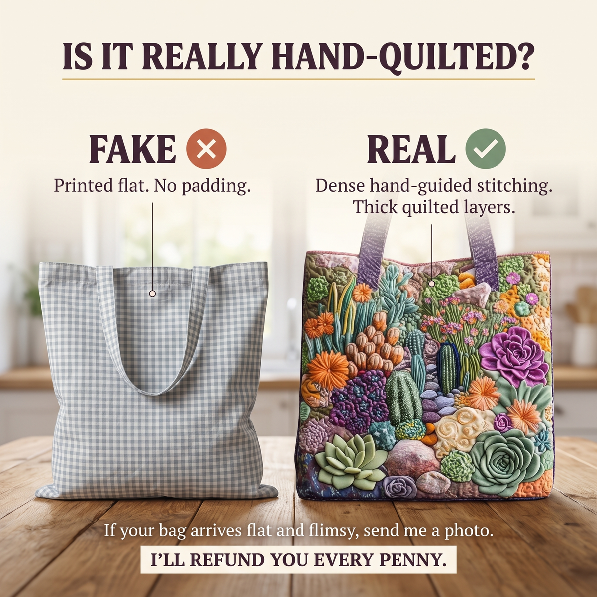 Artisanal Tote Bag - Succulent Garden — hand-quilted authenticity check