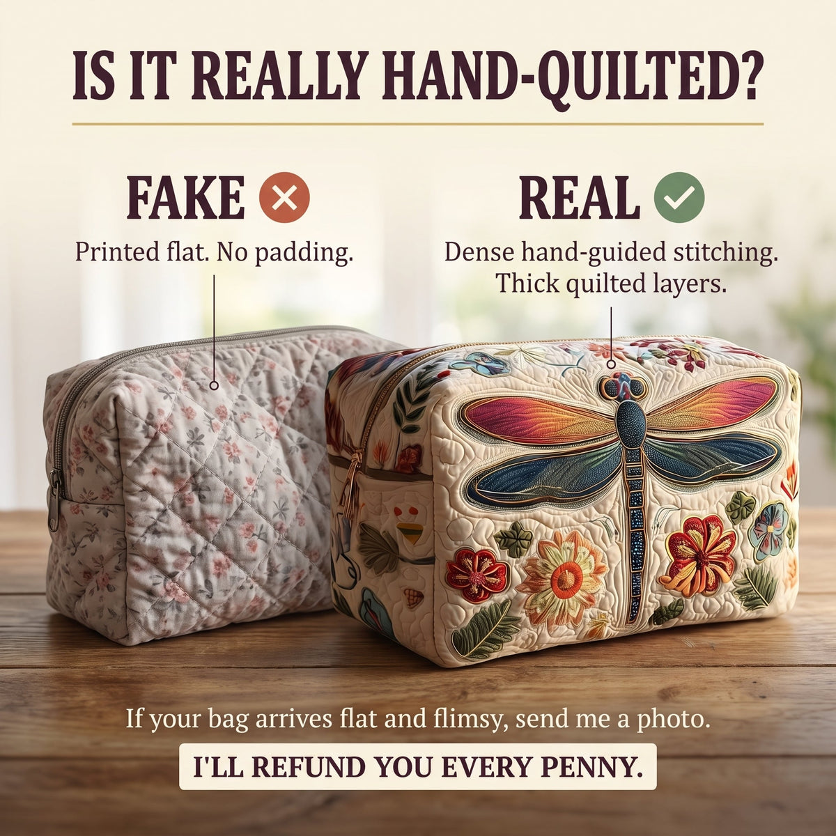 Breeze Catcher Quilted Makeup Bag — hand-quilted authenticity check