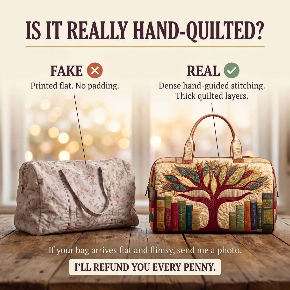 Tree of Knowledge Quilted Duffle Bag — hand-quilted authenticity check