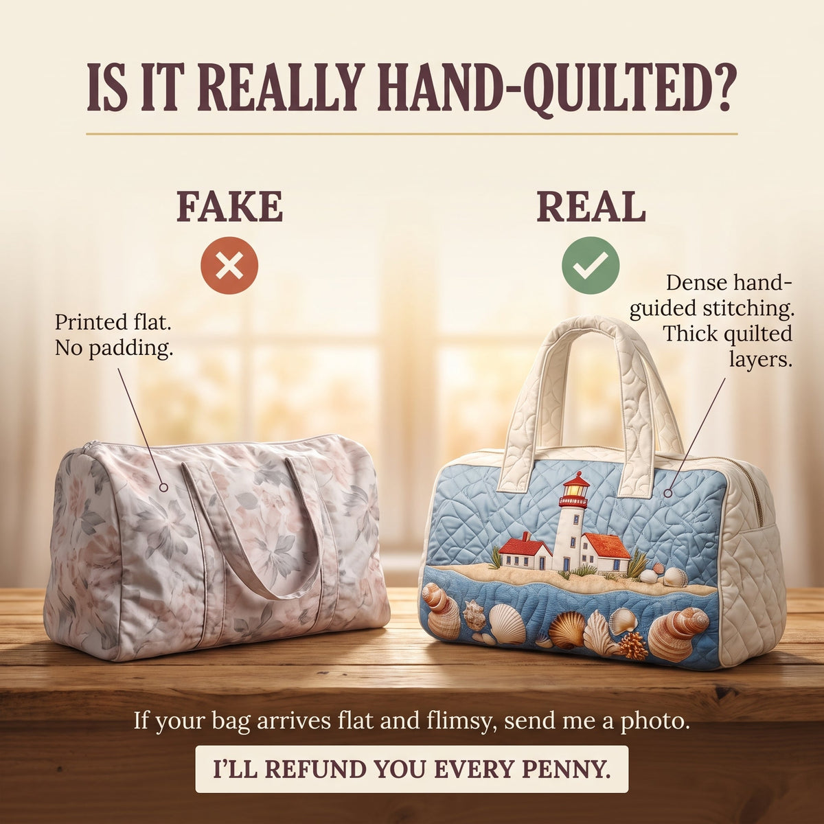 Seaside Glow Quilted Duffle Bag — hand-quilted authenticity check
