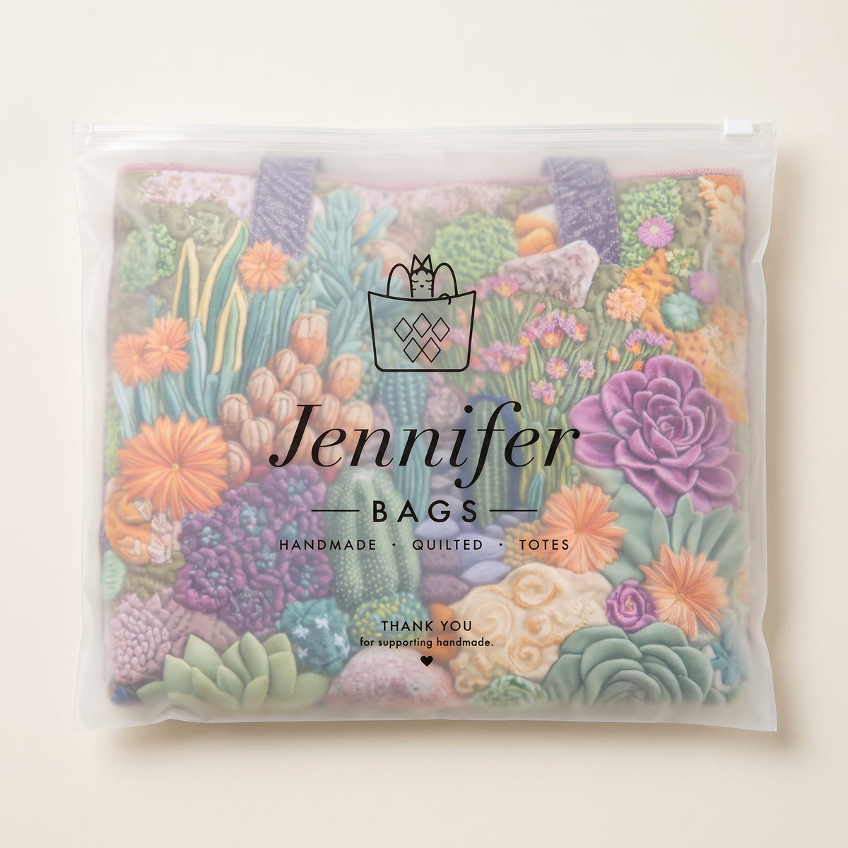 Artisanal Tote Bag - Succulent Garden — packaged in its branded Jennifer Bags pouch