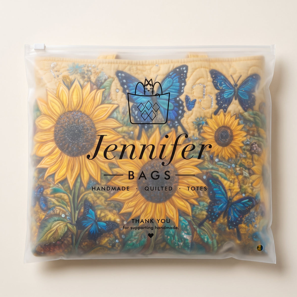 Artisan Bag - Sunflowers and Blue Butterflies — packaged in its branded Jennifer Bags pouch