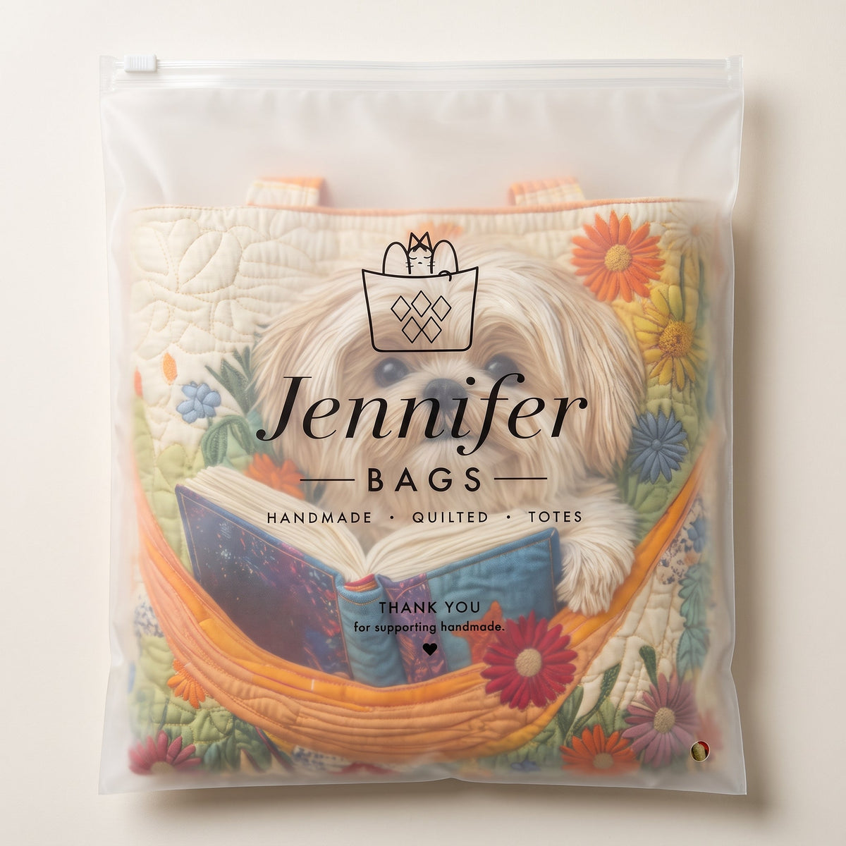 Artisanal Bag - Shih Tzu with Books and Flowers — packaged in its branded Jennifer Bags pouch