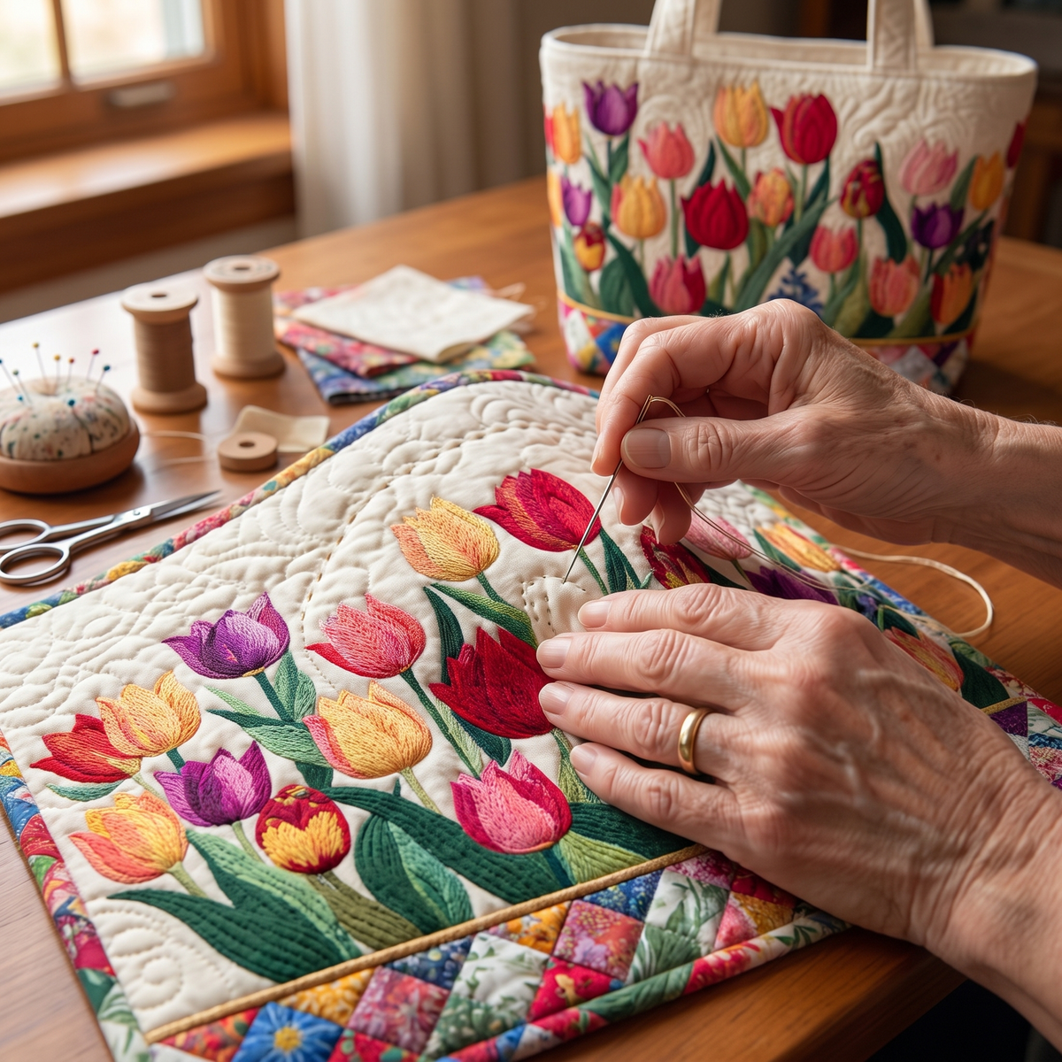 Quilted Tote Bag - Tulip Garden — hand-quilting close-up