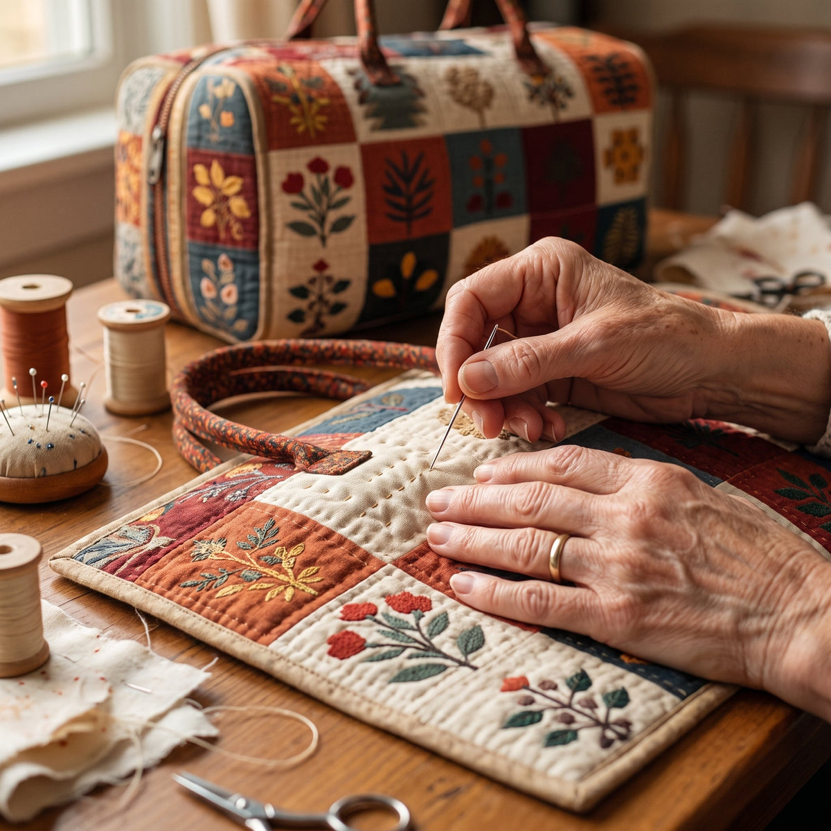 Petal Serenade Quilted Duffle Bag — hand-quilting close-up