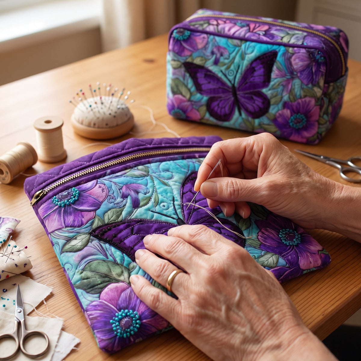 Butterfly Bloom Quilted Makeup Bag — hand-quilting close-up