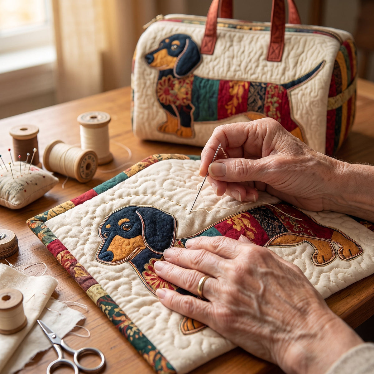 Patch Pup Quilted Duffle Bag — hand-quilting close-up
