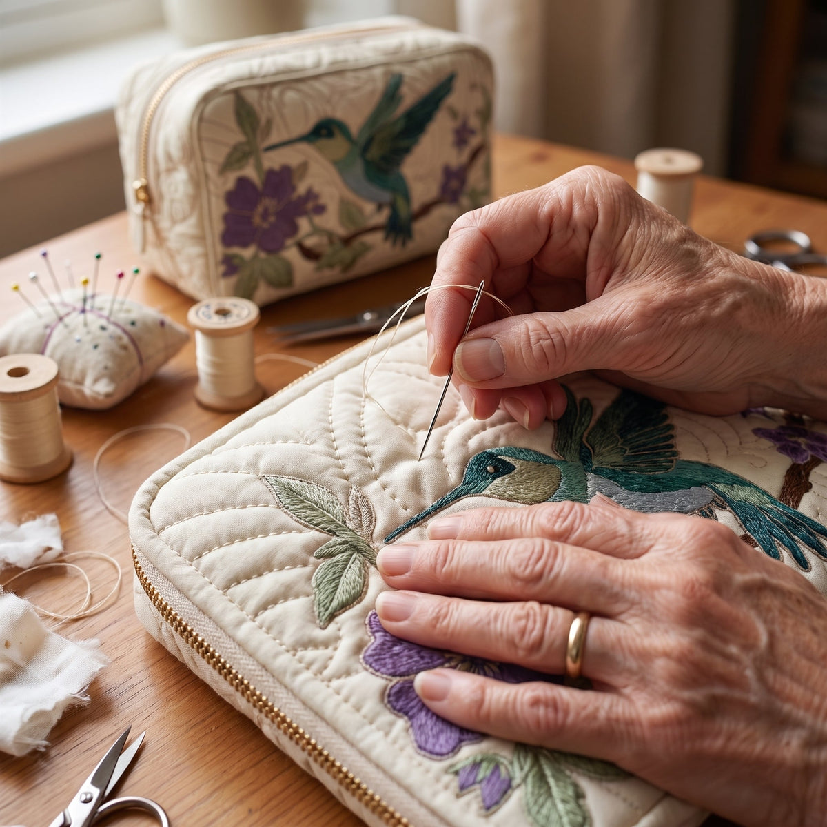 Hummingbird Bloom Quilted Makeup Bag — hand-quilting close-up