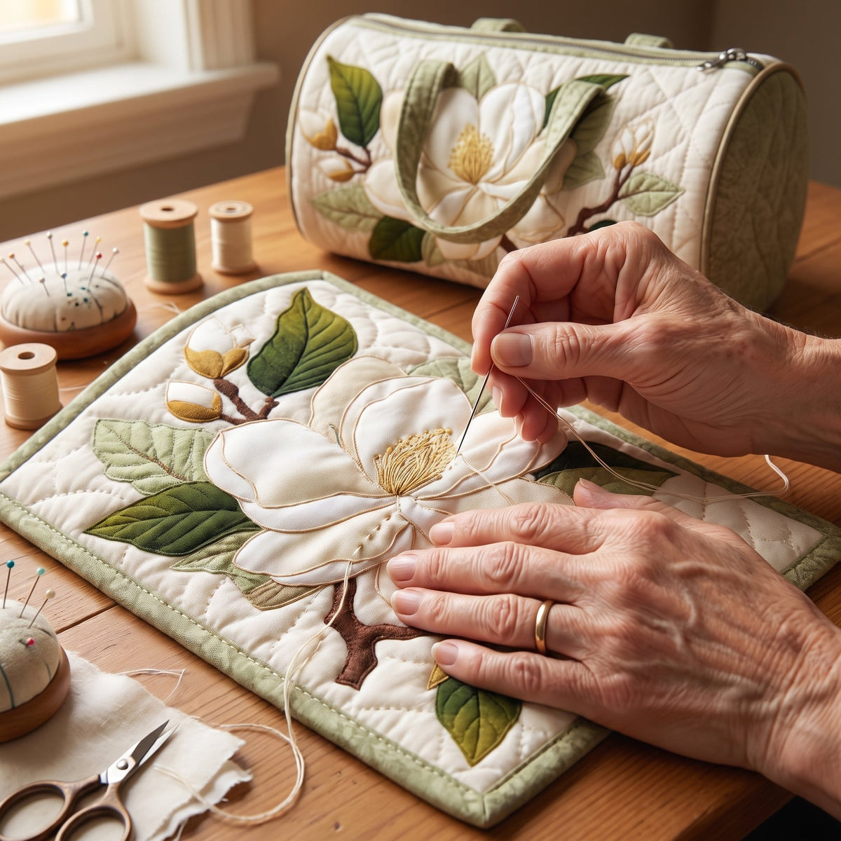 Blooming Grace Quilted Duffle Bag — hand-quilting close-up