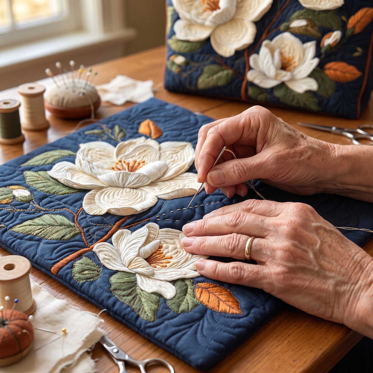 Artisan Quilted Bag - Delicate Magnolia — hand-quilting close-up