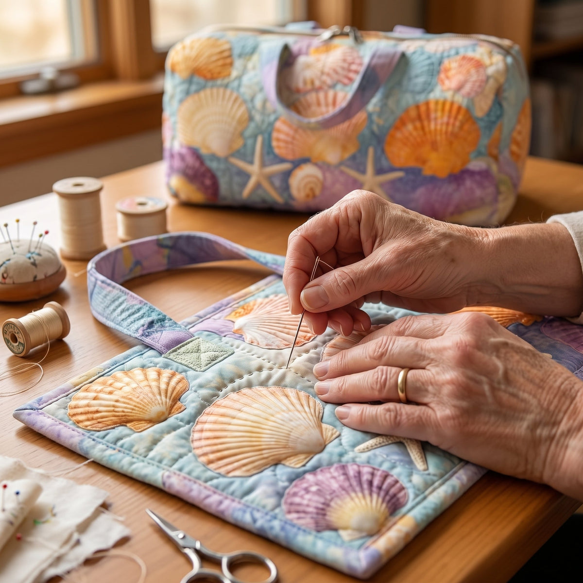 Shoreline Shells Quilted Duffle Bag — hand-quilting close-up