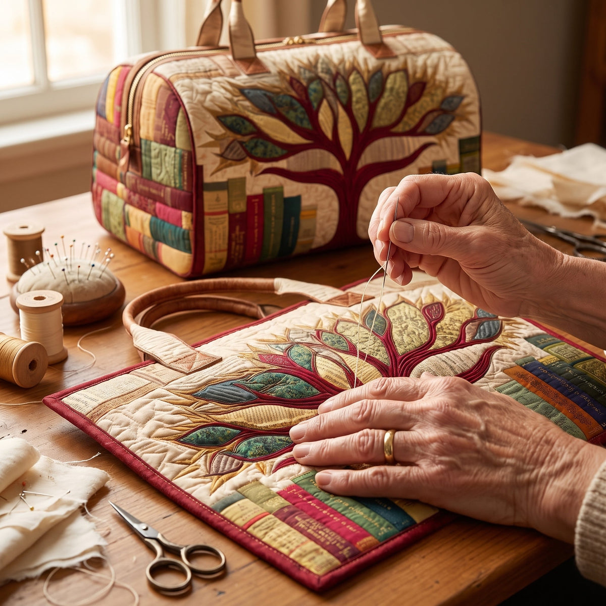 Tree of Knowledge Quilted Duffle Bag — hand-quilting close-up