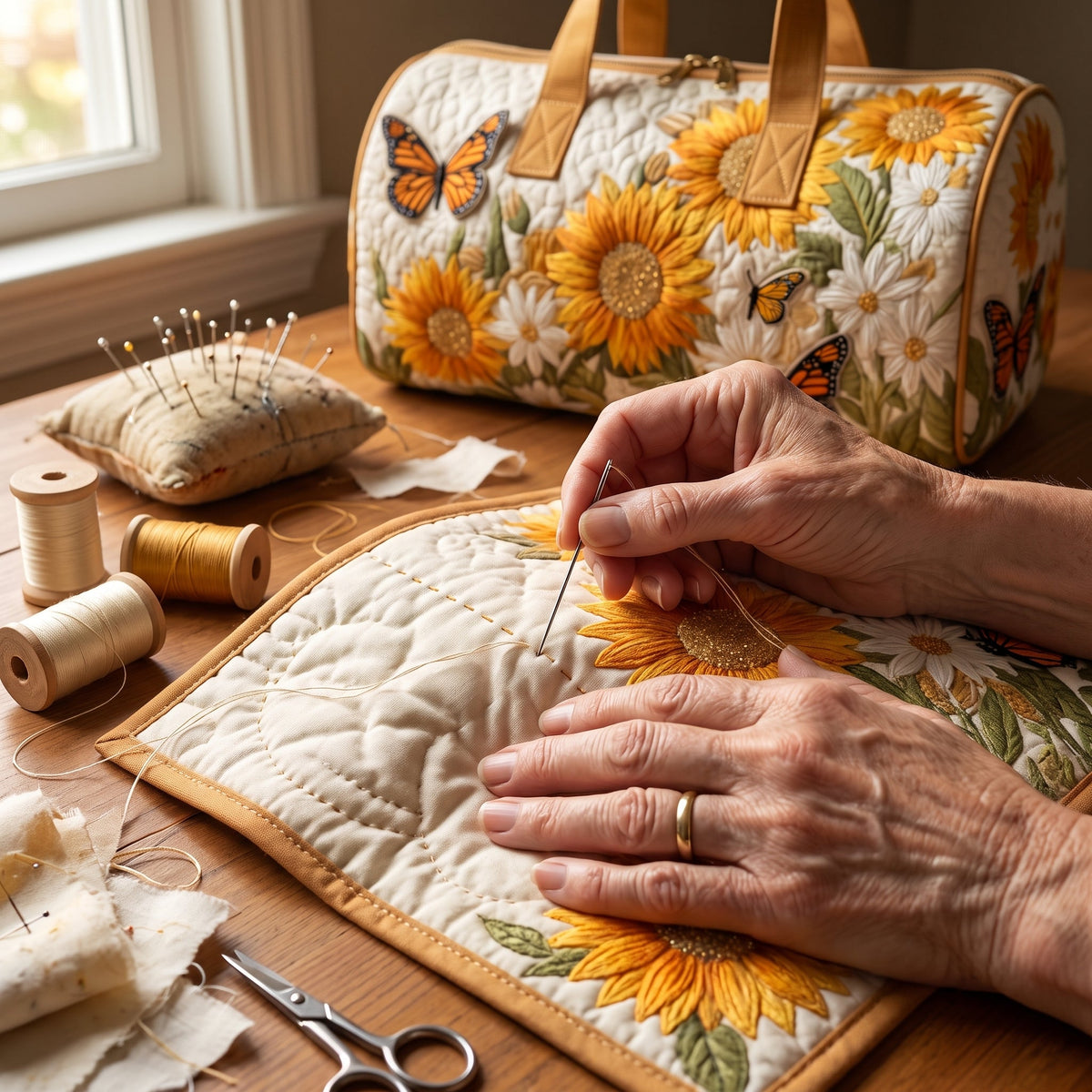 Bright Fields Quilted Duffle Bag — hand-quilting close-up