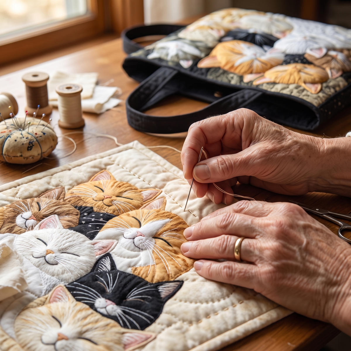 Artisanal Quilted Bag - Sleeping Kittens — hand-quilting close-up