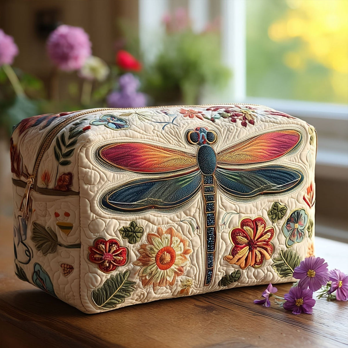 Breeze Catcher quilted makeup bag, hand-quilted in cream and soft blue