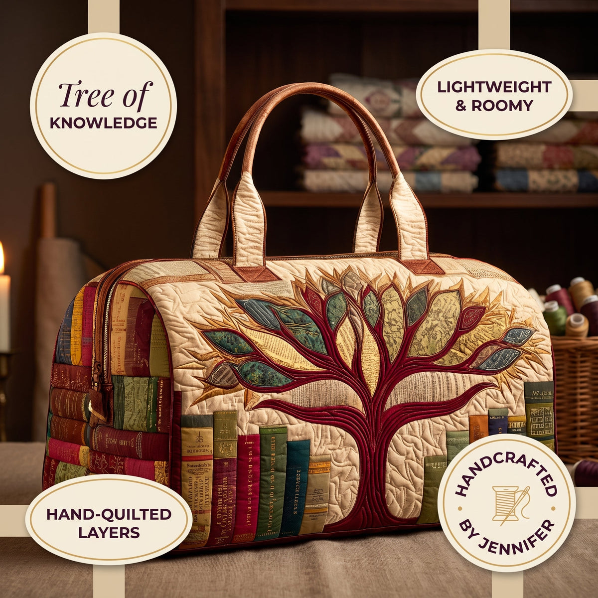 Tree of Knowledge Quilted Duffle Bag — details