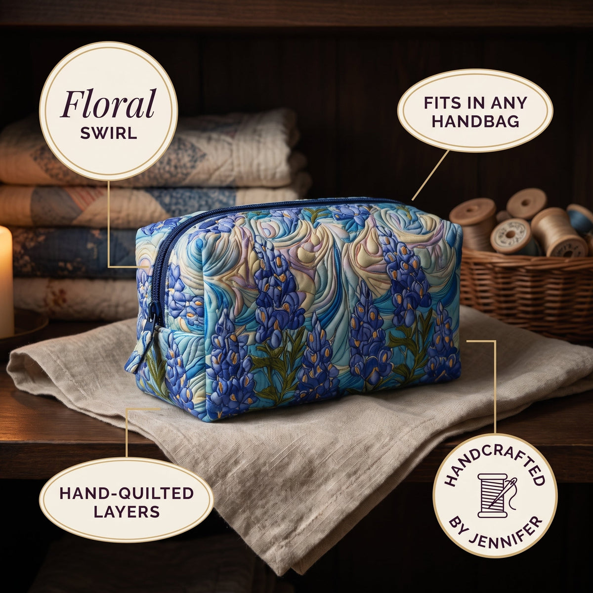 Floral Swirl Quilted Makeup Bag — details