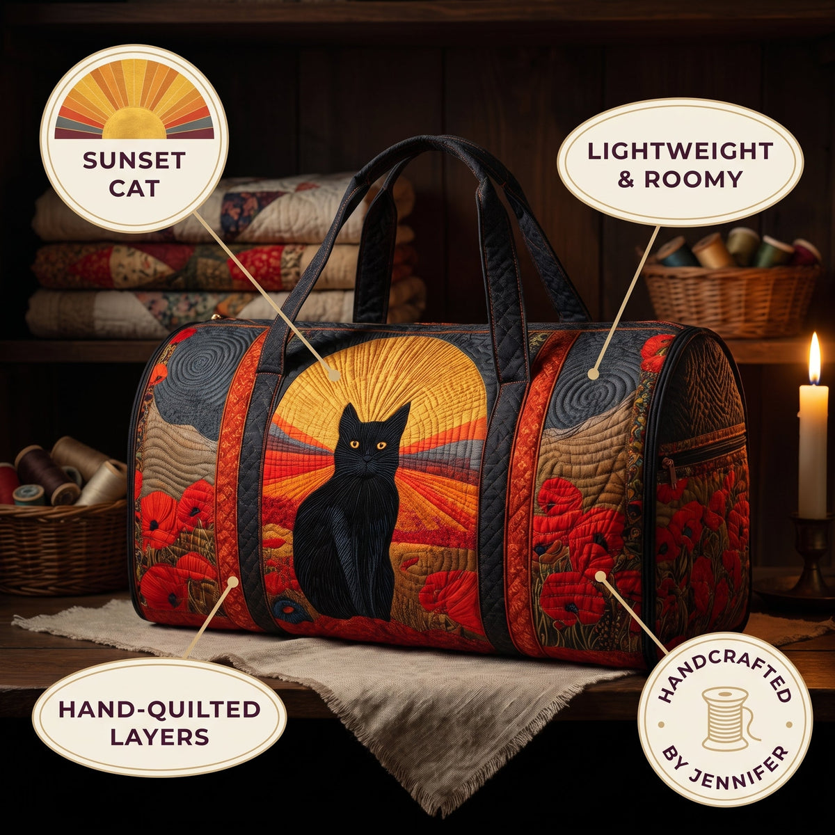 Sunset Cat Quilted Duffle Bag — details