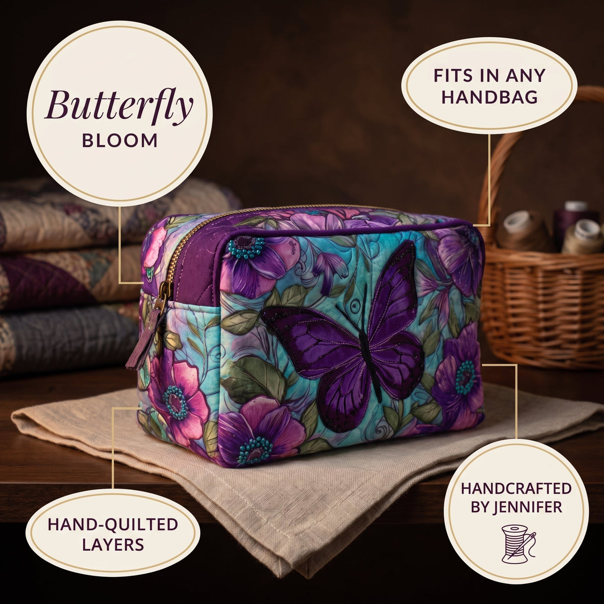 Butterfly Bloom Quilted Makeup Bag — details