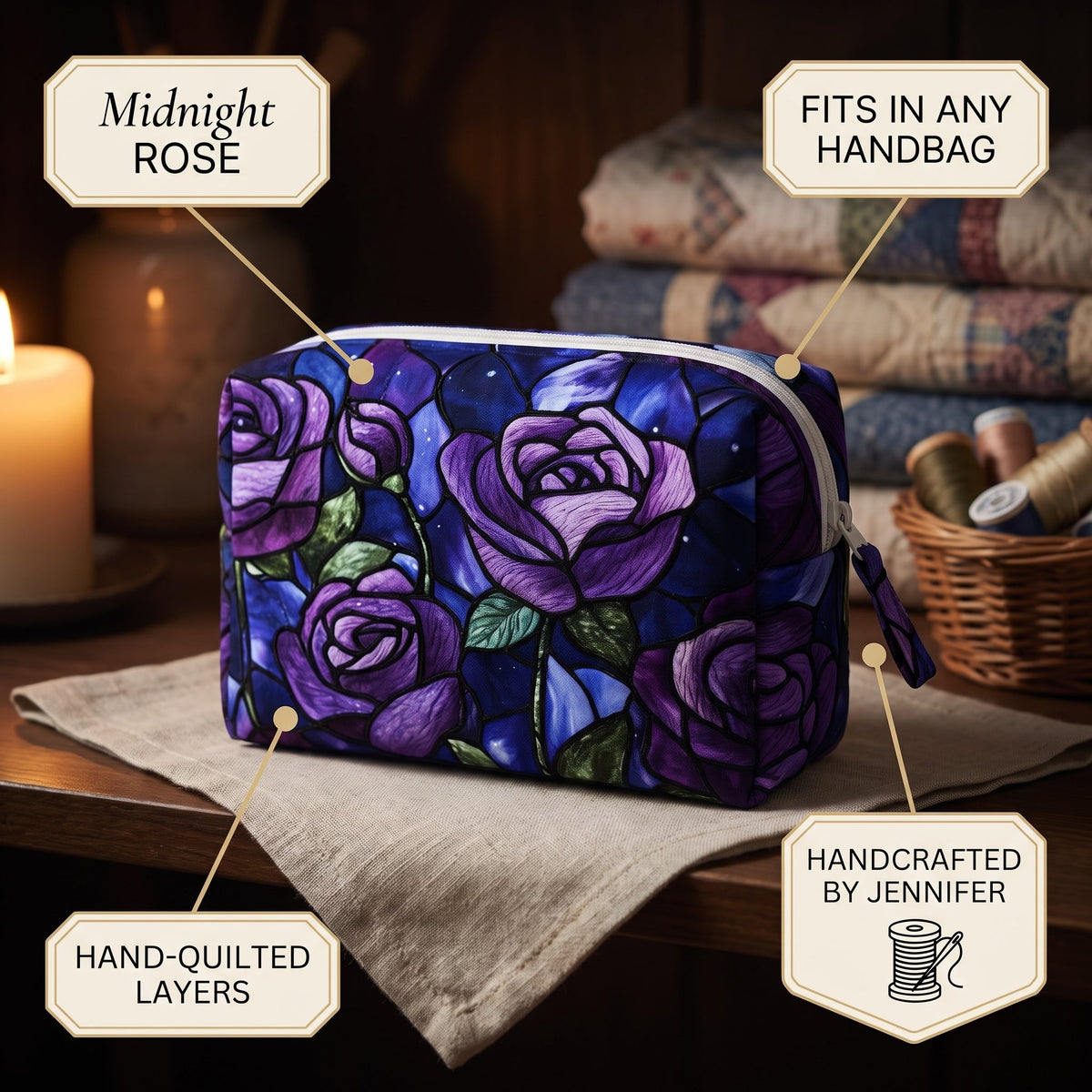Midnight Rose Quilted Makeup Bag — details
