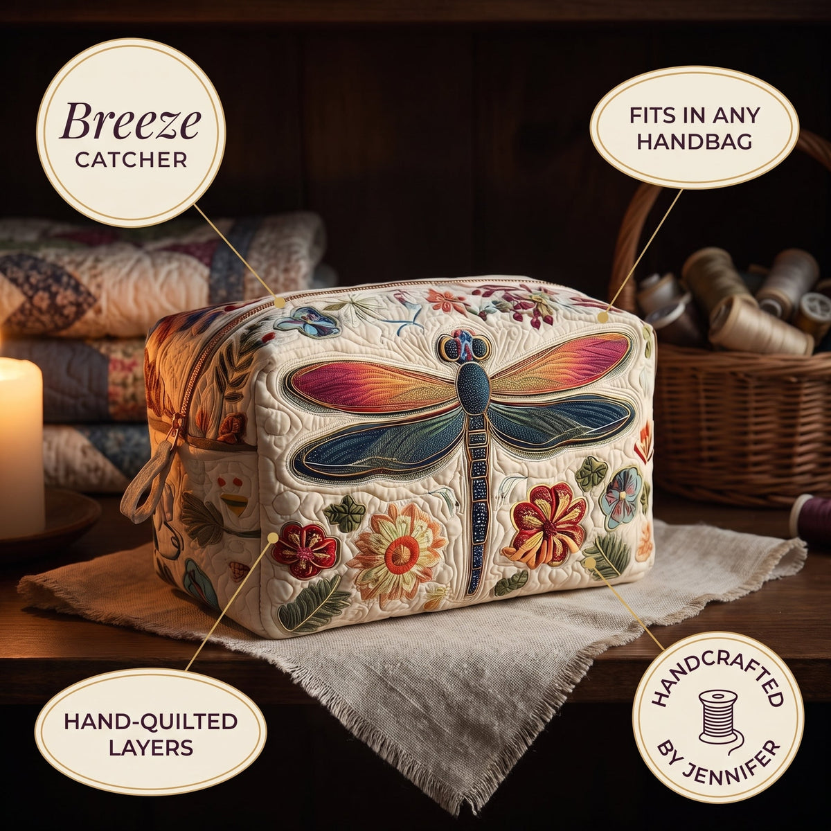 Breeze Catcher Quilted Makeup Bag — details