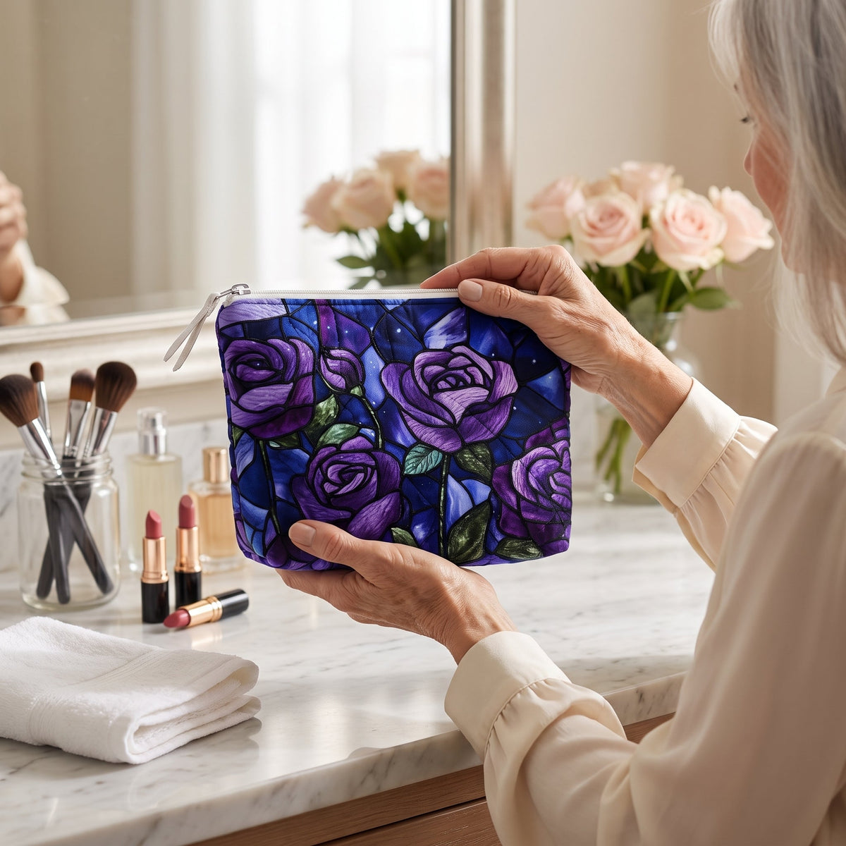 Midnight Rose Quilted Makeup Bag — in use