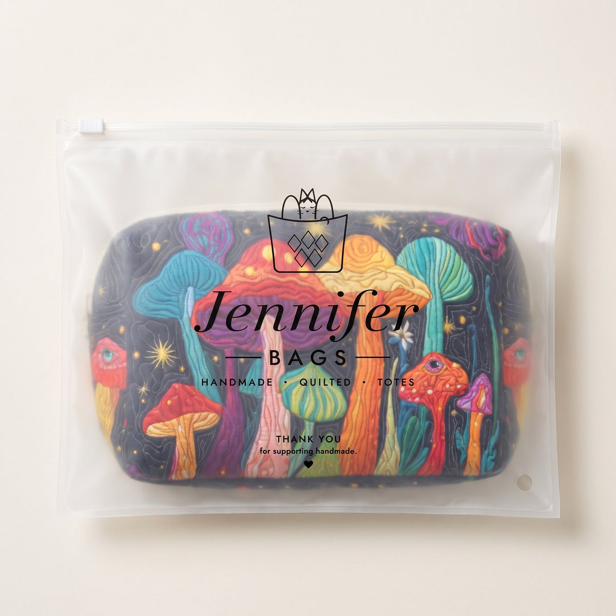 Groovy Shroom Quilted Makeup Bag — packaged in its Jennifer Bags pouch