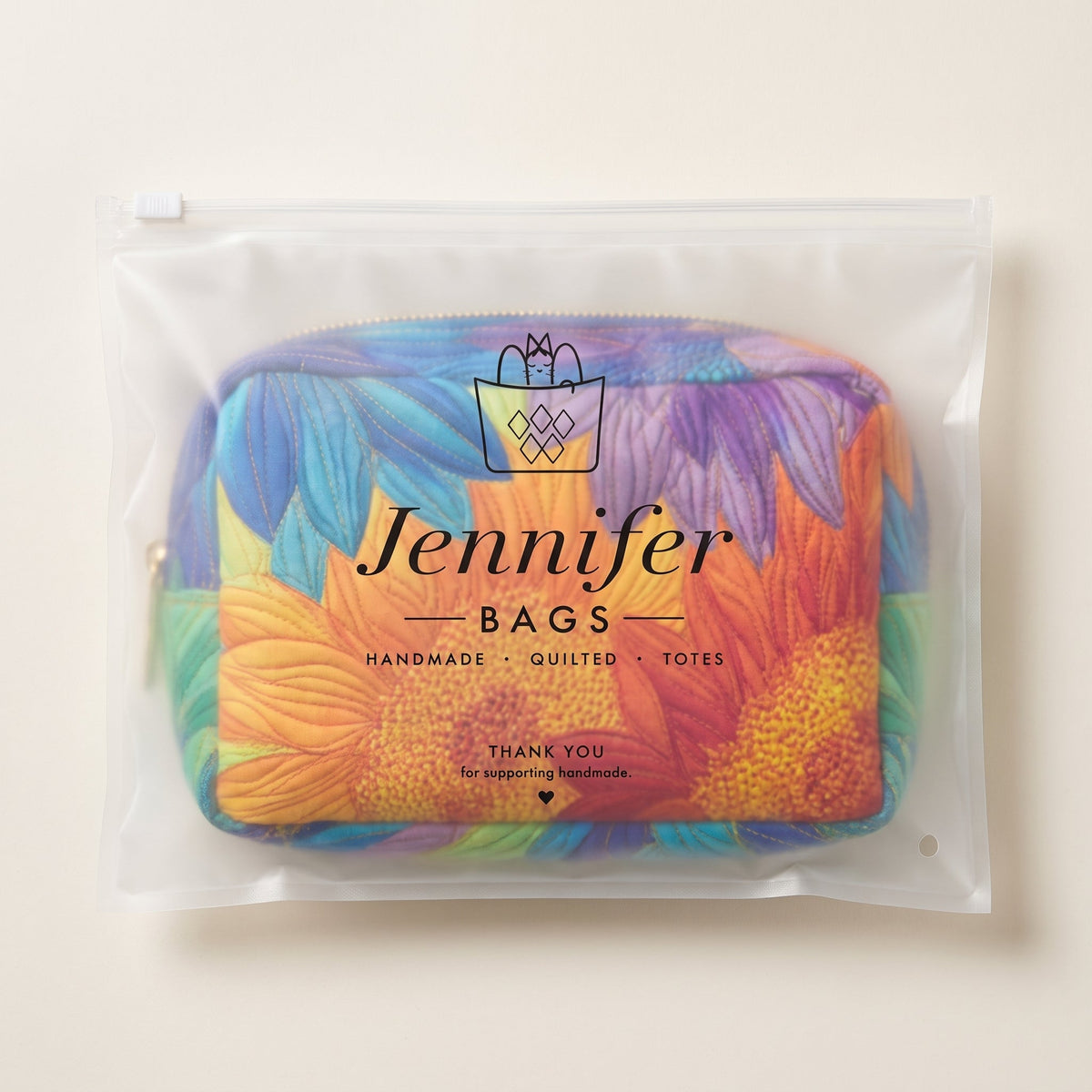 Summer Bloom Quilted Makeup Bag — packaged in its Jennifer Bags pouch