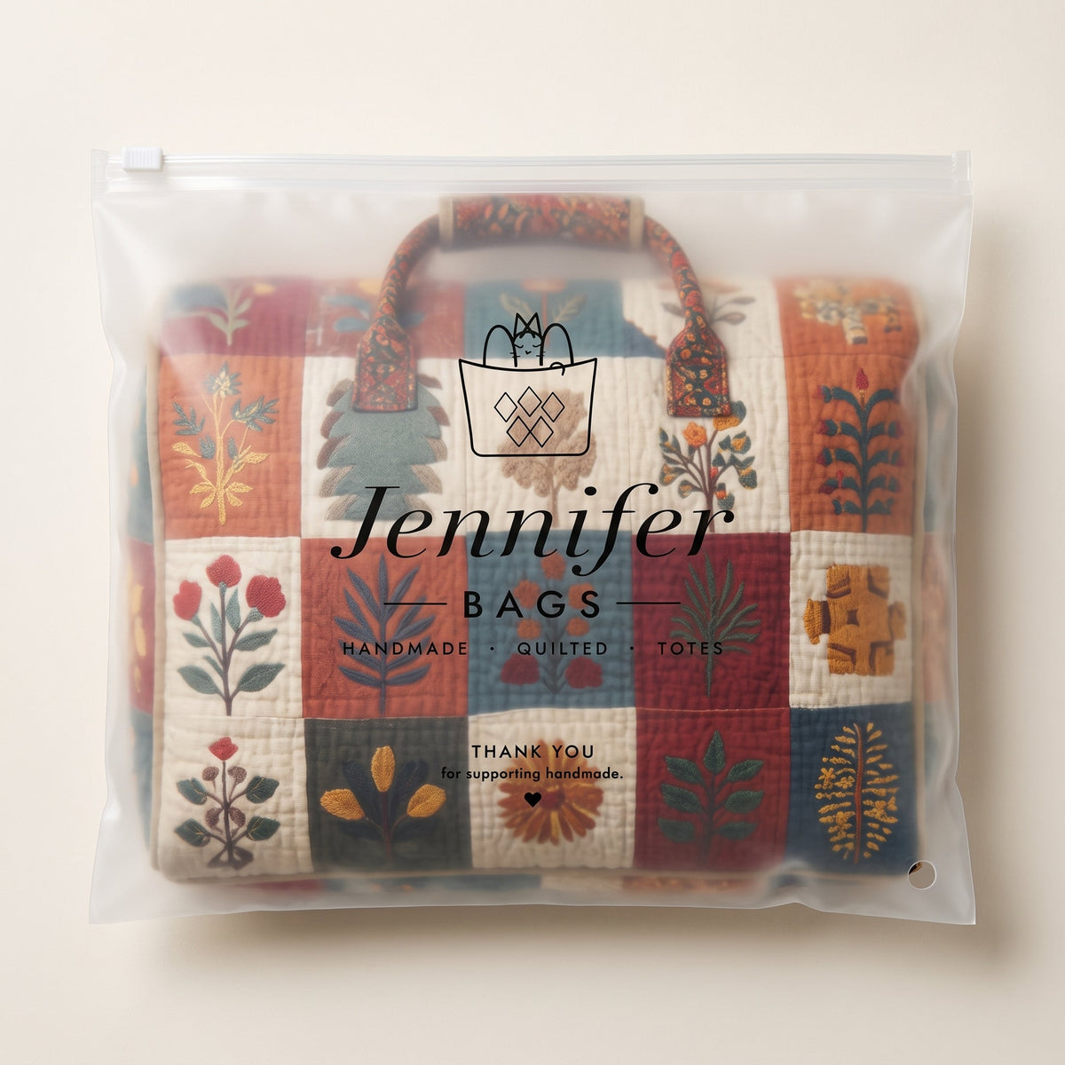 Petal Serenade Quilted Duffle Bag — packaged in its Jennifer Bags pouch