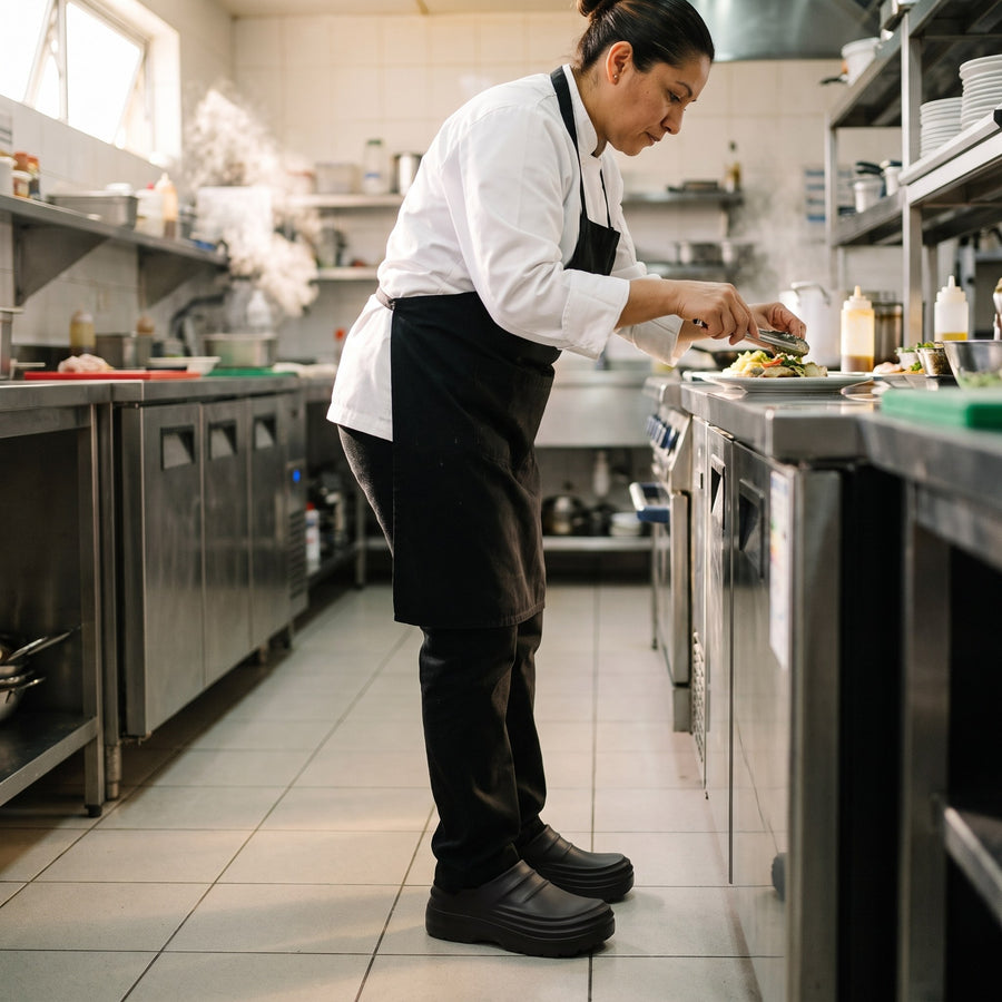 Again Clog in Black, worn by a line cook on the kitchen line