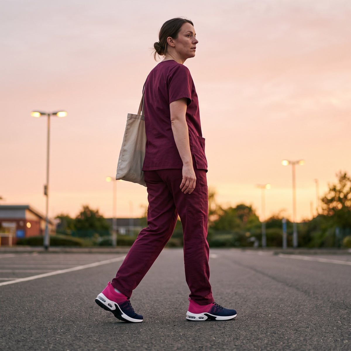 A nurse in wine scrubs walking to her car at dusk after a shift, in Again shoes
